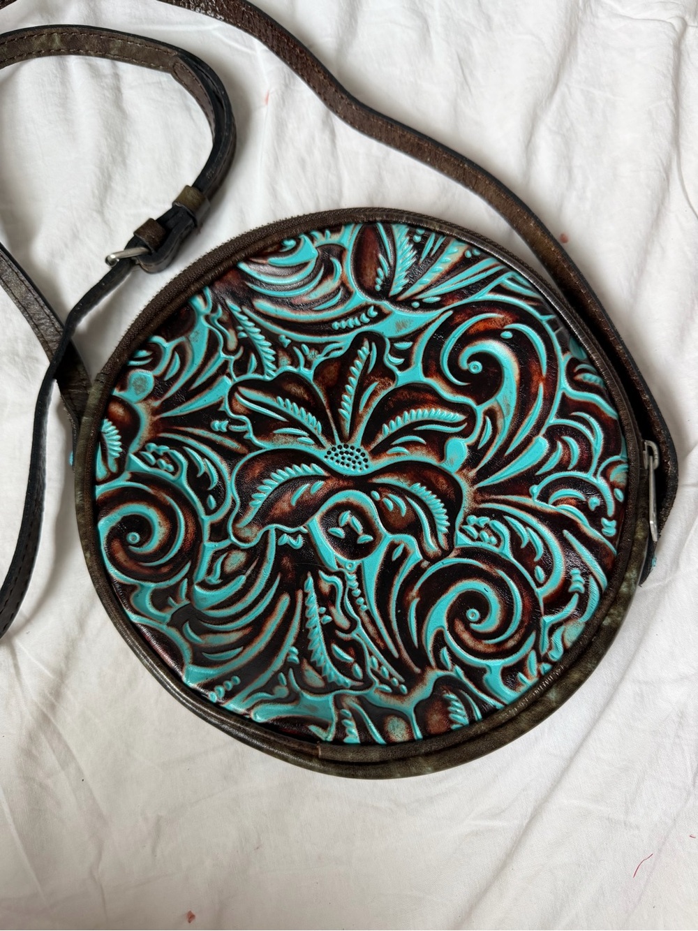 Patricia Nash Turquoise Tooled Round Crossbody with Brown Trim - Picture 2 of 5